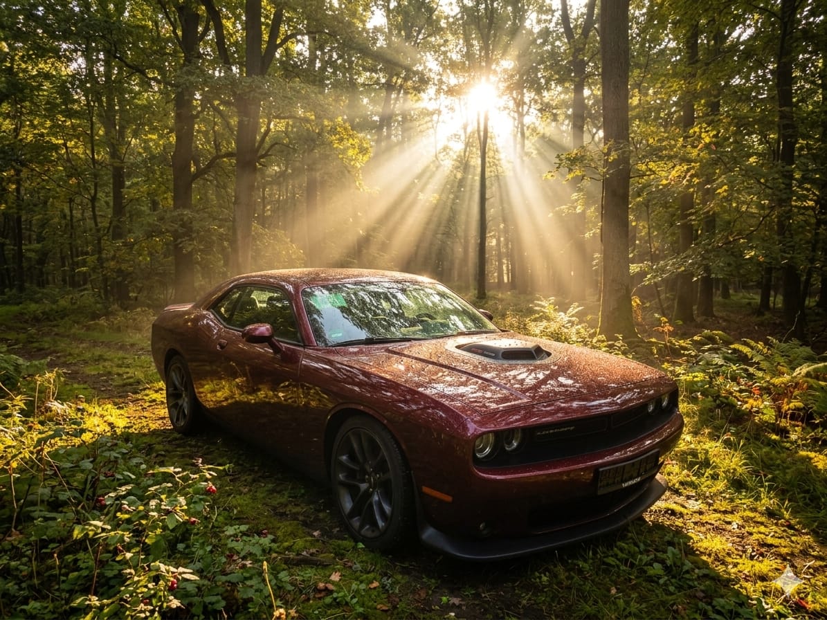 Dodge Challenger v lese se slunečními paprsky mezi stromy