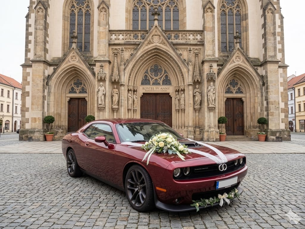 Dodge Challenger se svatební výzdobou před kostelem sv. Anny
