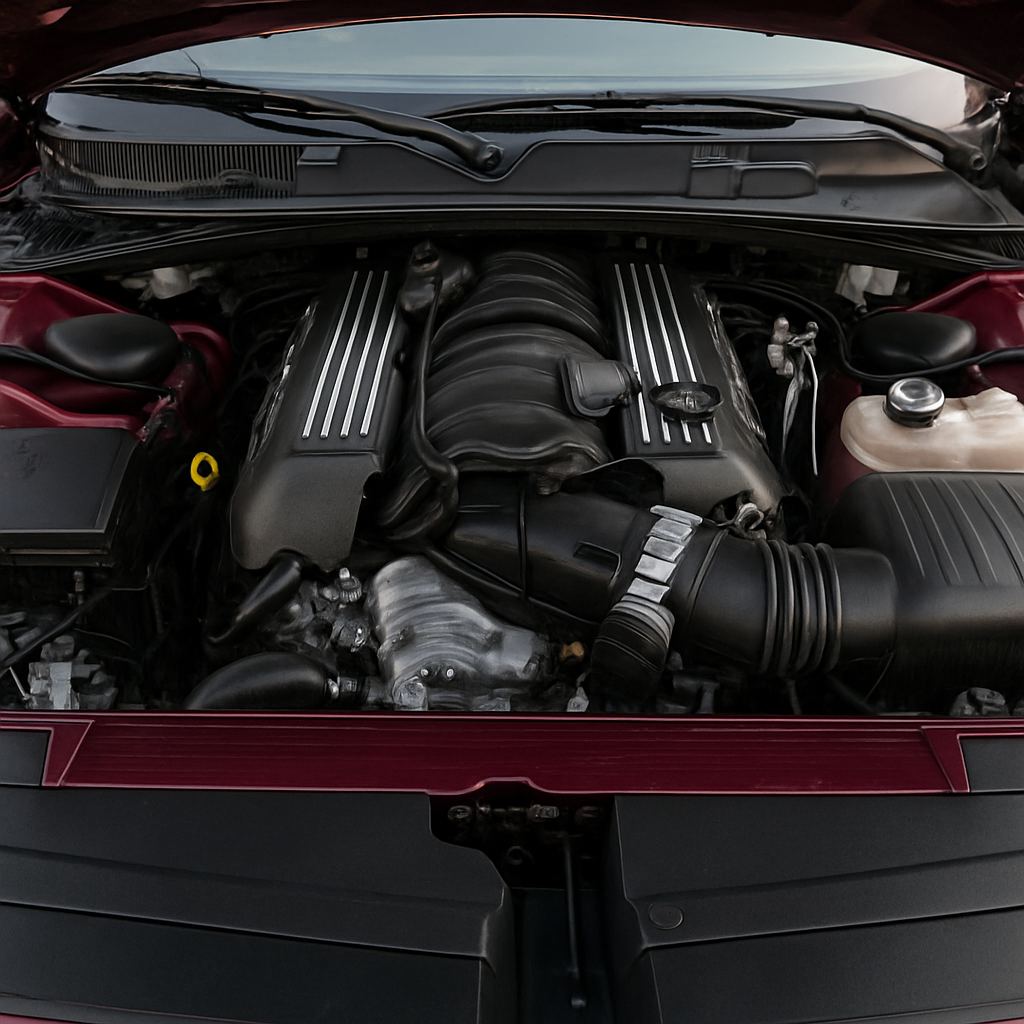 Motor 6.4L HEMI V8 pod otevřenou kapotou